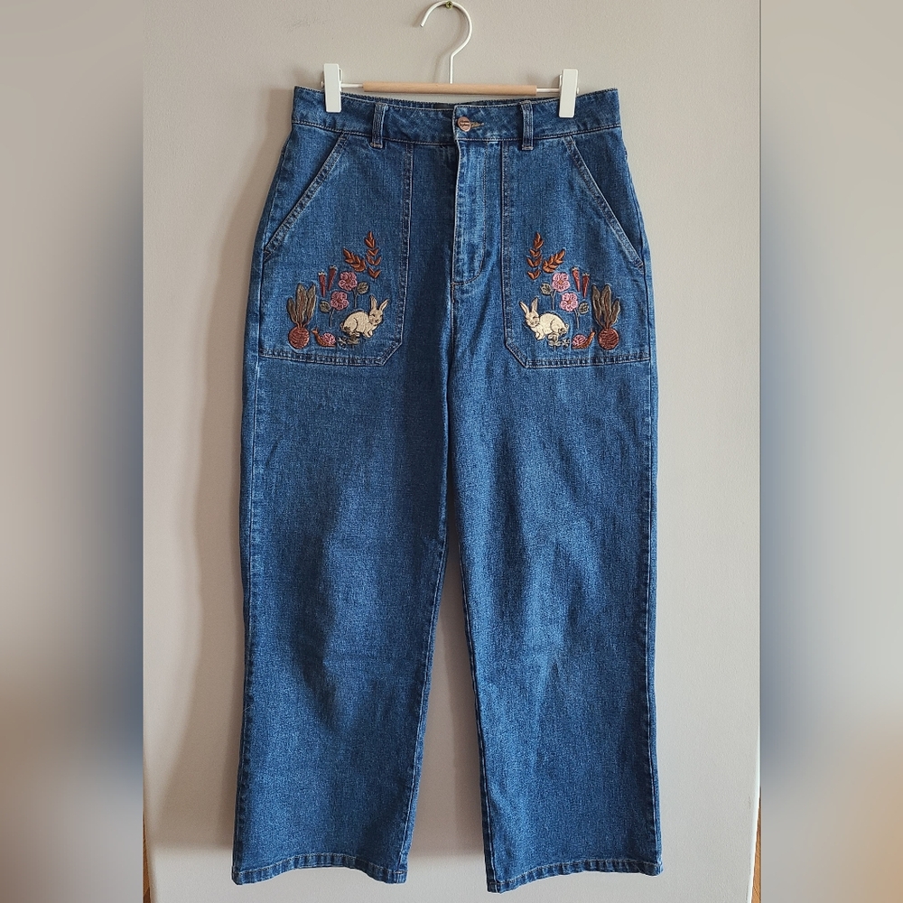 Modcloth x Princess Highway Embroidered Bunny Wide Leg Jeans - AU Sz 10